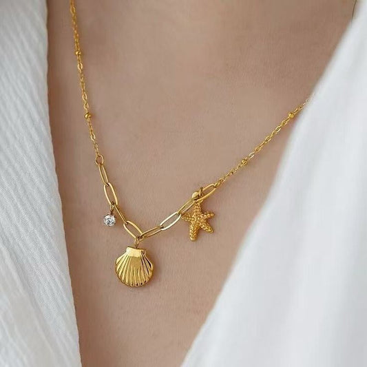 Starfish-Clam Charm Necklace